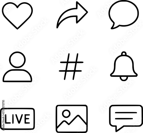 Black and white minimalist vector icon set of social media symbols including like, share, comment, follow, and live stream