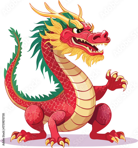 Powerful and vibrant oriental dragon mascot. Traditional Asian style cartoon vector illustration. Red and gold mythical creature with transparent background (EPS). Ideal for gaming, sports teams, and 