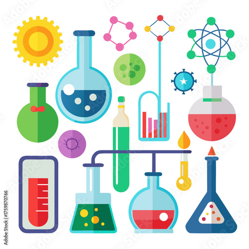 Vibrant science icons and lab equipment for educational materials, research presentations, and engaging STEM content, originally designed as a scalable graphic for flexible use
