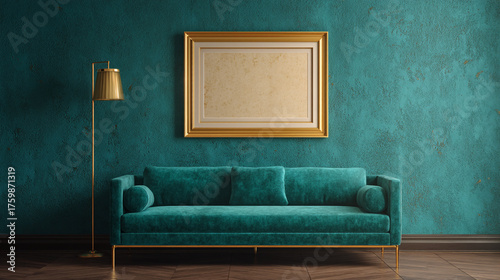 Interior with green velvet sofa golden frame and lamp against textured wall