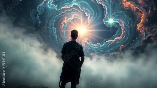 silhouette of a man, man watching mesmerizing spiral of light in cosmic glowing space scene