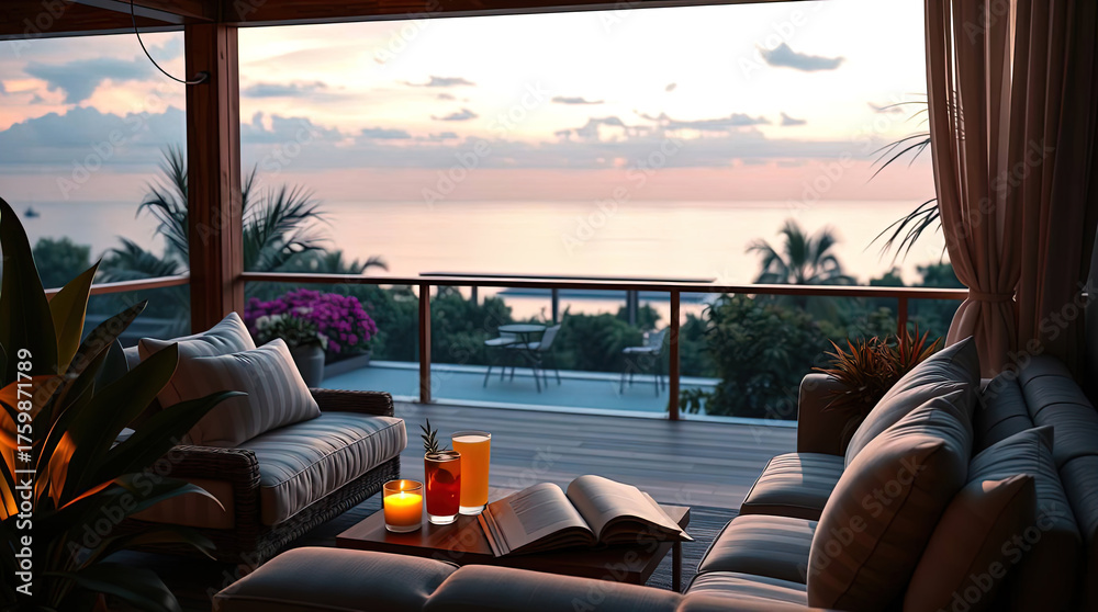 Fototapeta premium A covered terrace for relaxing with tropical drinks by the sea at a luxury resort villa.
