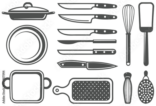 Kitchen Knife and Cooking Tools Outline Vector Illustration