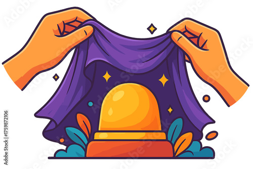Hands pulling back purple cloth to reveal shiny golden bell mystery unveil