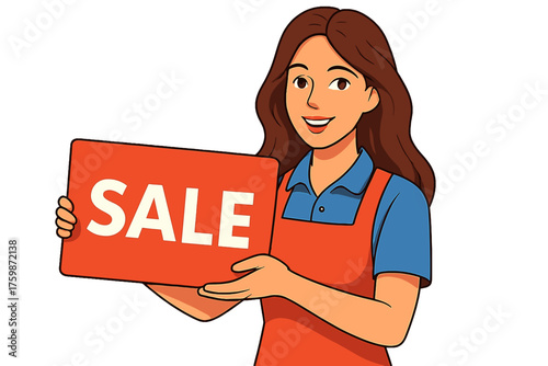 Young woman smiling while holding sale sign in retail store superior