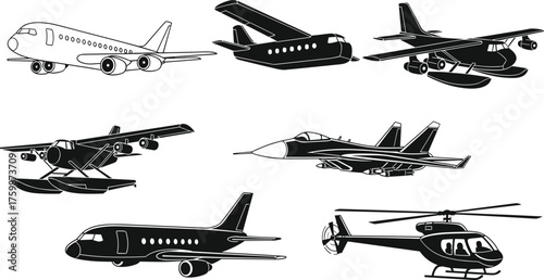 Silhouette passenger airplane, cargo aircraft, seaplane, fighter jet, private jet, helicopter, aviation transport, military aircraft, air travel, aviation vehicle