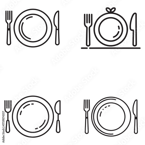 Outline meal plan plate icons with food items silhouette