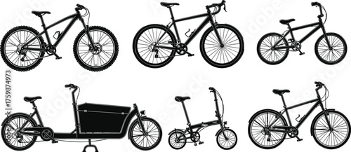 Silhouette mountain bike, road bike, BMX bike, cargo bike, folding bike, hybrid bicycle, cycling transport, sports bike, urban commuting