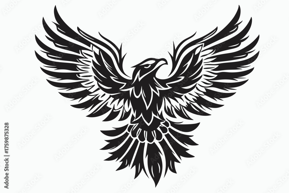 Fototapeta premium Striking stylized black phoenix spreads wings with a powerful presence on a white backdrop