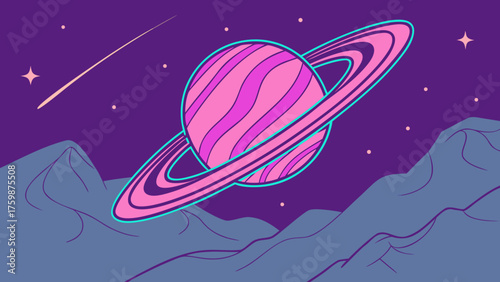 Alien sci-fi landscape with green ringed planet, rocky terrain, starry sky, and shooting star, futuristic cartoon design.