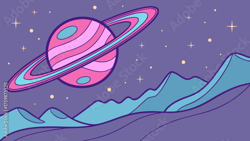 Futuristic cartoon alien landscape with green ringed planet, rocky terrain, starry sky, and shooting star in space.