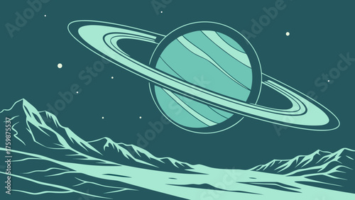 Cartoon sci-fi alien planet with green rings, rocky terrain, starry sky, and shooting star, futuristic space scene.