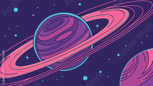 Alien planet with green rings, rocky surface, starry sky, and shooting star, sci-fi cartoon vector illustration.