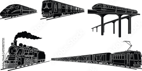 Silhouette high speed train, subway metro train, monorail, steam locomotive, freight train, electric tram, public transport, rail vehicle, travel, commuting