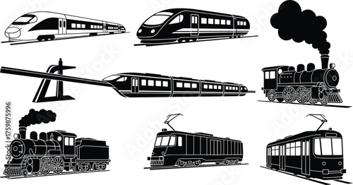 Silhouette high speed train, commuter train, steam locomotive, tilting train, electric tram, metro train, intercity train, rail transport, travel, commuting