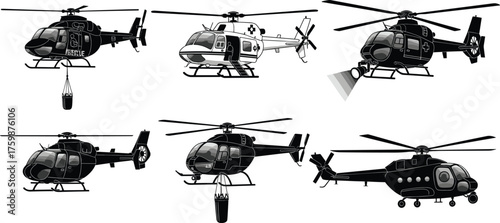 Silhouette firefighting helicopter, medical helicopter, rescue helicopter, military helicopter, cargo helicopter, spotlight helicopter, emergency aviation, transport aircraft,