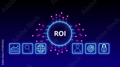 ROI – Return on Investment Holographic Dashboard Interface, Digital Business Technology Concept.
