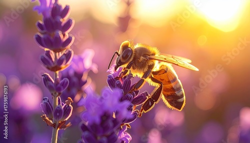 Close Up Of A Honey Bee Collecting Pollen From A Vibrant Purple Lavender Flower At Sunrise With Golden Sunlight Backlighting The Insect and Soft Bokeh Background