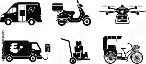 Silhouette eco van, electric delivery van, scooter courier, drone delivery, hand truck dolly, cycle rickshaw, logistics transport, shipping vehicle, supply chain