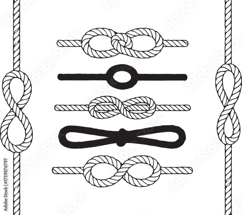 Collection of Illustrated Rope Knots in Black and White Design for Nautical and Decorative Use