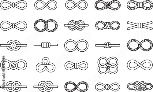 Collection of Nautical Rope Knots and Ties for DIY Projects and Decorative Elements Outline Vector Illustration