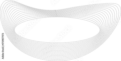 Circular composition with centered void surrounded by flowing wave-shaped dotted contours in dynamic arrangement.
