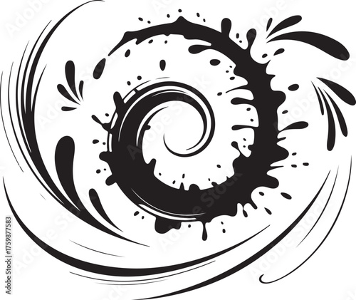 Dramatic Black Ink Swirl with Splatters and Dynamic Lines for Artistic Designs and Creative Projects a Visually Striking Graphic Element