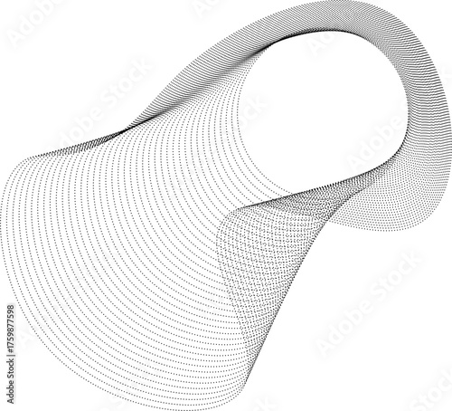 Round shape with minimalist dotted linework forming smooth curves around a central circular void.