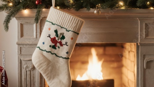 Festive Christmas stocking hanging by a cozy fireplace.