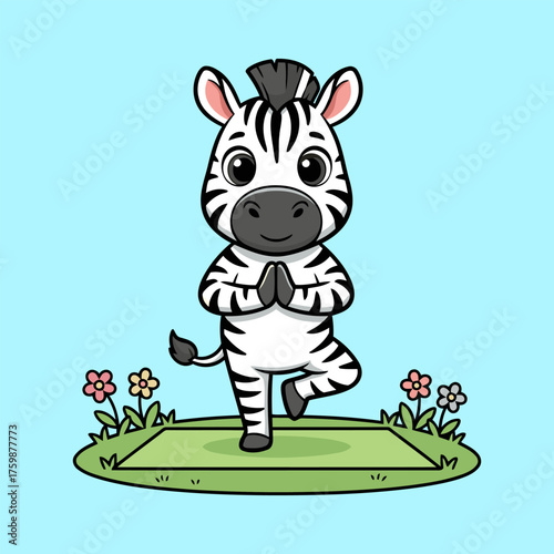 Cute Cartoon Zebra Doing Yoga Tree Pose Vector Illustration