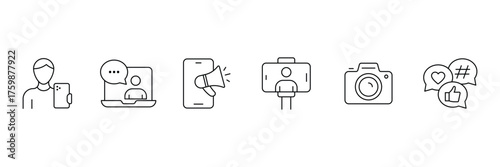 Blogging and influencer line icons. Blog, content creator, vlog, vlogger, followers, social media, community, and digital promotion. Vector illustration.