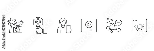Blogging and influencer line icons. Blog, content creator, vlog, vlogger, followers, social media, community, and digital promotion. Vector illustration.