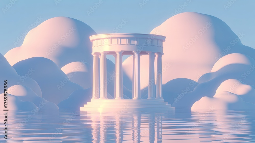 Obraz premium Dreamy Classical Temple Floating on Water Amidst Puffy Clouds