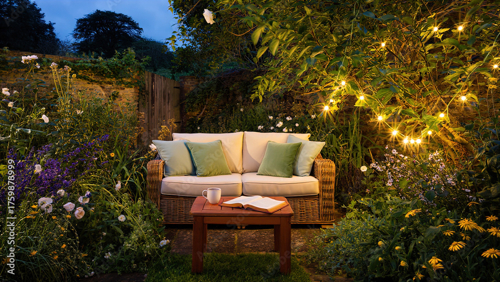Obraz premium A cozy seating area in a flower garden, a rattan sofa with soft cushions