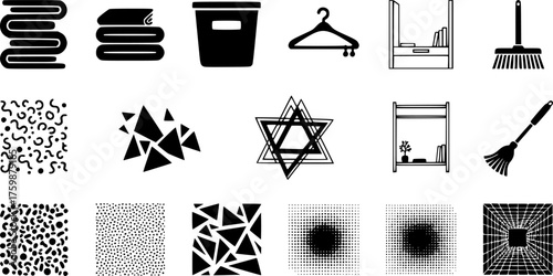 Minimalist Home Organization Black Silhouette Icon Set: Storage Bins, Folded Towels, Hanger, and Declutter Symbols for Lifestyle and Productivity.