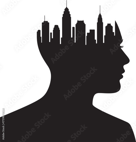 Man s silhouette filled with a vibrant city skyline at night