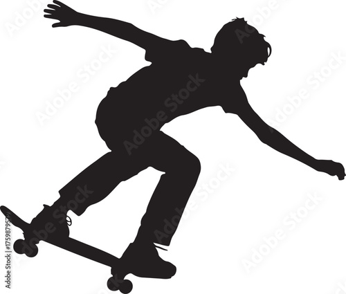 Silhouette of a young man skateboarding with arms outstretched representing freedom and motion in a dynamic action pose against a white background