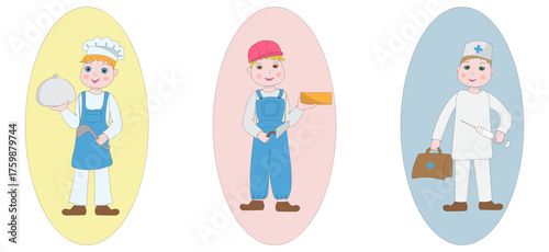 set of people of different professions, cook with a dish, builder with a brick, doctor with a syringe