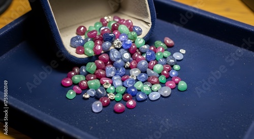 Discover a vibrant cascade of precious gemstones including emeralds, sapphires, and rubies spilling from a velvet jewelry box onto a rich blue tray.