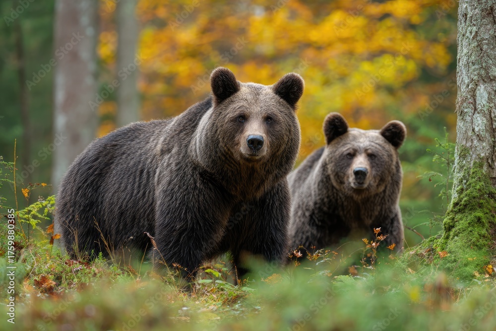 Fototapeta premium Two brown bears stand alert in a vibrant autumn forest, looking forward
