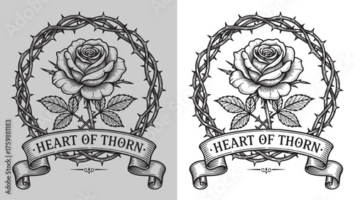 Detailed Rose with Thorns in Barbed Wire Wreath and "Heart of Thorn" Banner
