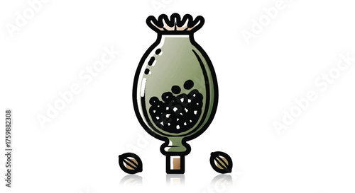 Poppy seeds and pod outline icon vector