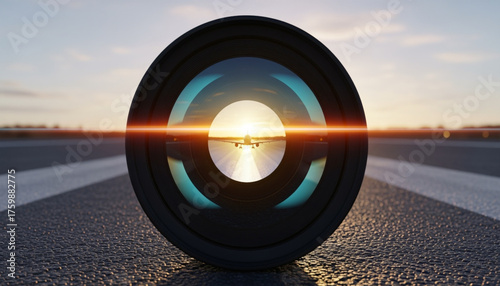 Professional camera glass on apron foreground with airliner at departure point in warm sunset and sun burst      

 