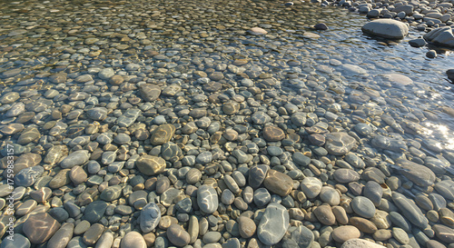 View from above of small rounded stones visible beneath the clear flowing river water. Gentle light distortion creates natural movement patterns.