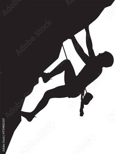 Dynamic silhouette of a rock climber ascending a steep cliff face