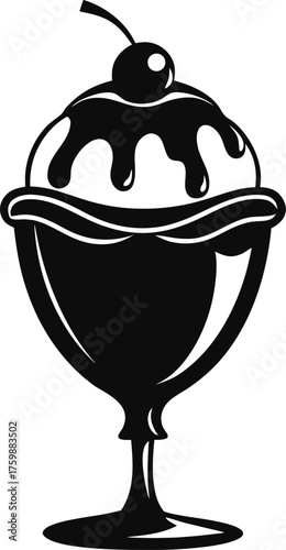 Sundae cup with melting chocolate topping black Silhouette  , white background 