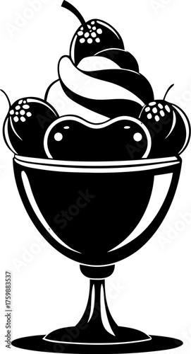Three-scoop sundae with whipped cream and nuts black Silhouette  , white background 