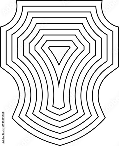 Modern shield crest with bold concentric lines and a sleek, minimalistic silhouette.