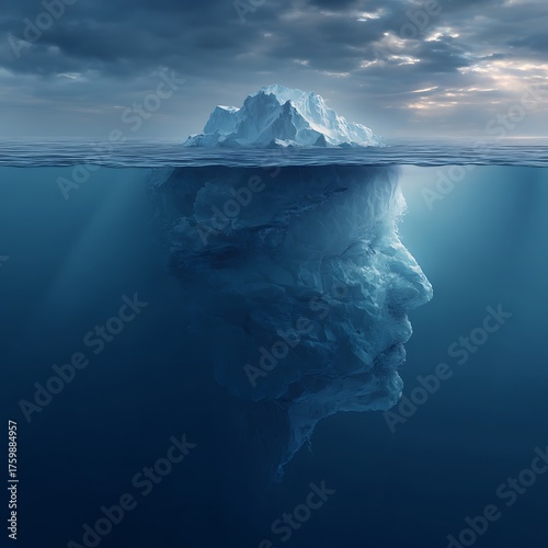 iceberg in open ocean, hidden massive part below the surface forming a human brain, concept of hidden emotions, cinematic lighting, realistic water texture, minimal clean composition 