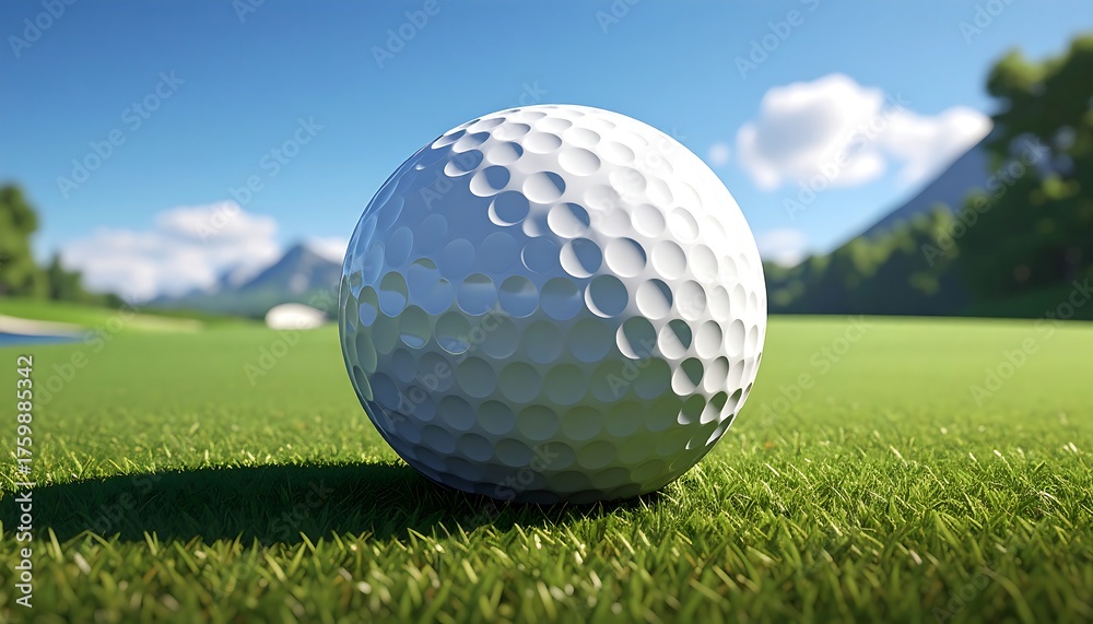 Obraz premium Golf ball on green grass with mountains in background.